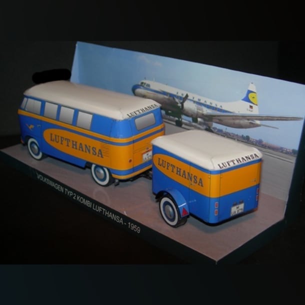 Бумажная модель Автомобиль Volkswagen Transporter T1 Kombi Lufthansa 1959 и трейлер Westfalia Bremen